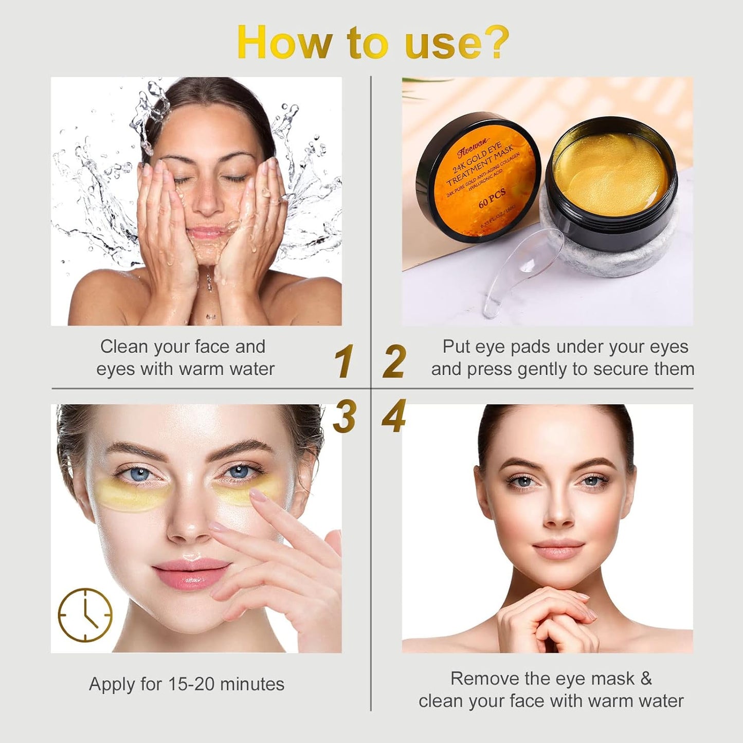 24K Gold Under Eye Patches - 60 Pcs | Anti-Aging Collagen & Hyaluronic Acid Eye Masks for Dark Circles, Puffiness & Wrinkles