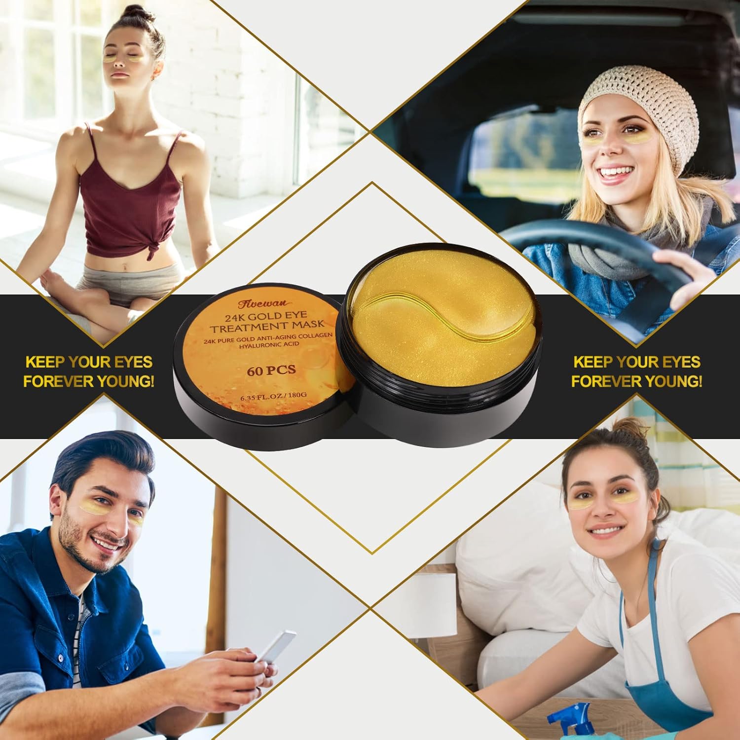 24K Gold Under Eye Patches - 60 Pcs | Anti-Aging Collagen & Hyaluronic Acid Eye Masks for Dark Circles, Puffiness & Wrinkles