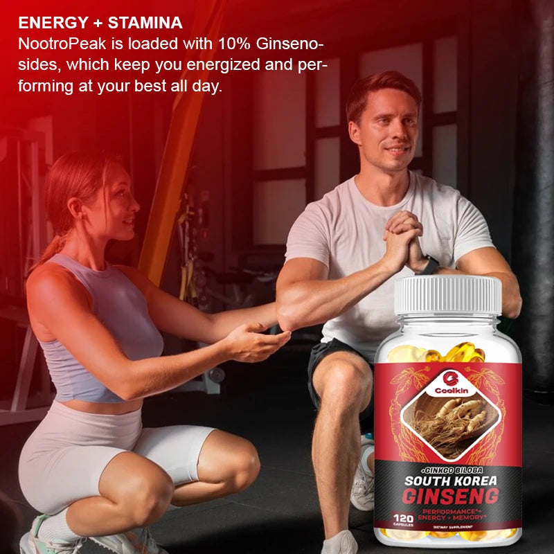 Korean Red Ginseng Capsules - with Ginkgo Biloba - Supports Increased Energy, Stamina & Performance, Muscle Strength