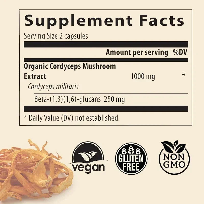 Cordyceps Capsules - Contains Organic Cordyceps Militaris To Support Immune Health, Boost Energy and Maintain Vitality, Non-GMO