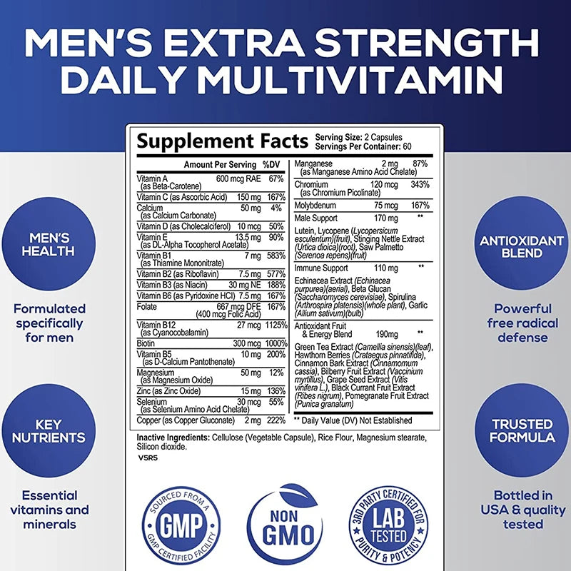 Men's Multivitamin Supplement - Supports Men's Multivitamin with Vitamins A, C, D, E & B12, Zinc, Calcium, Magnesium and More