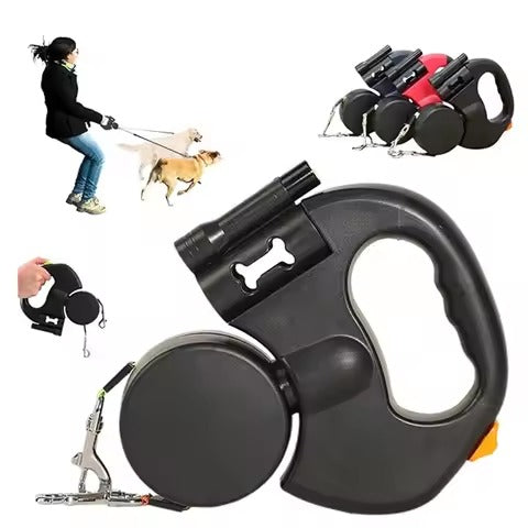 Auto Retractable Double Dog Leash with LED Light – 360° Tangle-Free Dual Dog Walking Rope