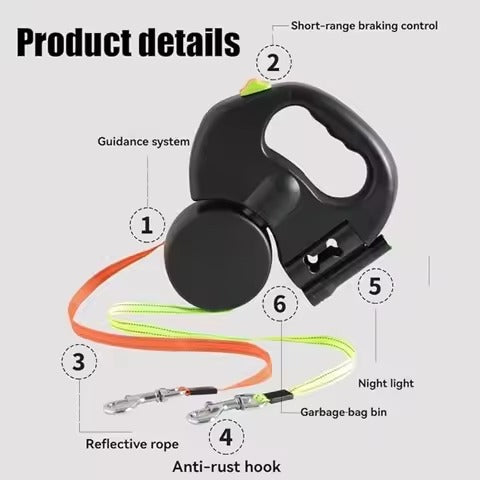 Auto Retractable Double Dog Leash with LED Light – 360° Tangle-Free Dual Dog Walking Rope