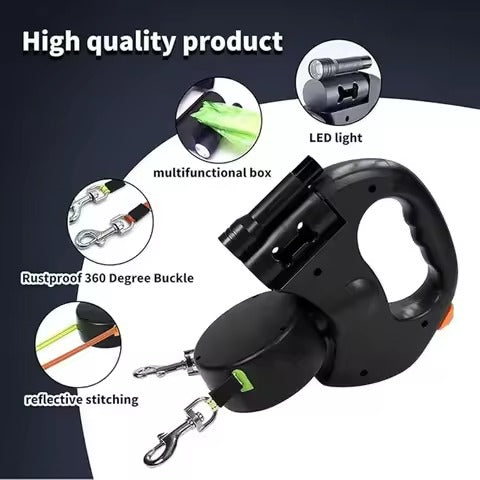Auto Retractable Double Dog Leash with LED Light – 360° Tangle-Free Dual Dog Walking Rope