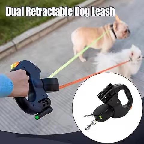 Auto Retractable Double Dog Leash with LED Light – 360° Tangle-Free Dual Dog Walking Rope